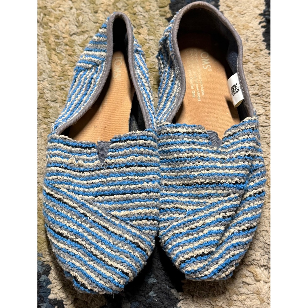 TOMS Women 7 Blue Grey White Striped Woven Classic Alpargata Slip On Shoes Flat